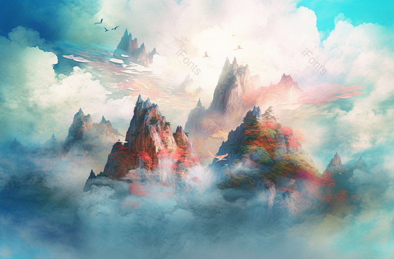 青天白云绿红色树木山峰云雾缭绕飞鸟飞过,插画/手绘图,插画/手绘图库,插画/手绘图下载,插画/手绘